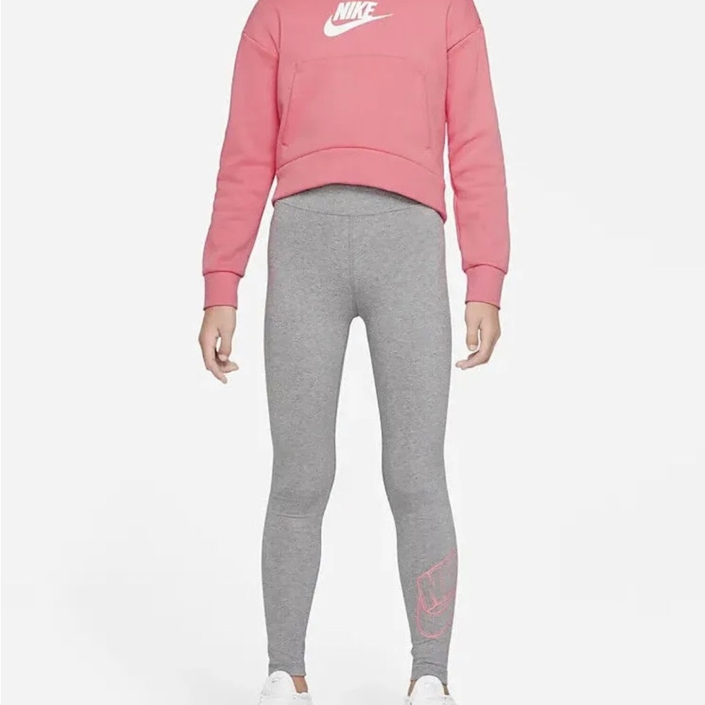 Nike (Kids) Girls' Essential Grey/Pink Mid-Rise Leggings (DN1853-091)